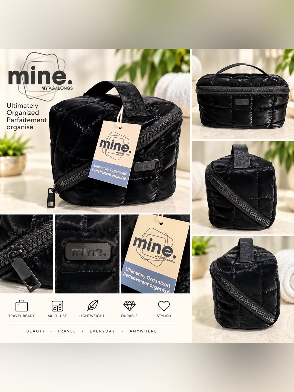 mine Black Quilted Toiletry skincare Bag with Top Handle
